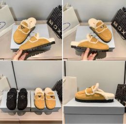 Luxury designer shoes Women warm wool slipper slide flat Shearling-lined suede slippers triangle-logo shearling slipper brown blac gevbRw