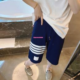 752e 2023 New Men's and Women's Shorts Ins Net Red Stripe Casual Four Bar Ice Silk Hemp Knitted Versatile Tb Sweatpants Trendy Capris Women