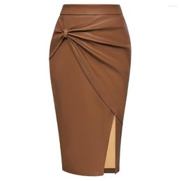 Skirts BP Women Skirt Vintage PU Leather Ruched Hits Below Knee High Waist Elastic Front Slit Bodycon OL Hips-wrapped