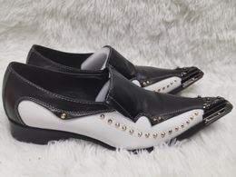 Dress Shoes White Black Patchwork Leather Shoes Metal Decor Rivet Breathable Pointed Toe Men's Shoes Slip On Elegant Man Dress Shoes 230822