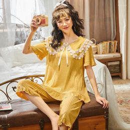 Women's Sleepwear Women Cotton Ruffles Pyjamas Suit Sweet Lace Floral Turn Down Collar 2pcs Lingerie Nightwear Casual Home Clothing