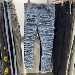 Real Pics 22SS Blue Heavy Washed Jeans Destroys Denim Pants Men Women Heavy Fabric Trousers Fashion288t