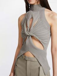 Women's Tanks Summer Knitted Top Fashion High-neck Hollow Kink Sleeveless Solid Colour Vest Design Sense Cross Tops
