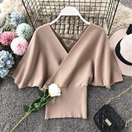 Women's Sweaters Summer Elegant Thin Short Sweater Women Sexy V-Neck Backless Batwing Sleeve Pullovers Knitted Tops Mh517