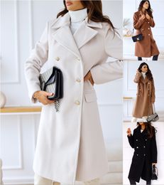 Womens Wool Blends Coat Office Winter Fashion Long Lapel Sleeve Double Breasted Black Woollen Harajuku 230822