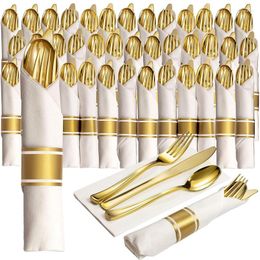 Dinnerware Sets 10Sets Pre Rolled Napkin Cutlery Set Disposable Wrapped Silverware Gold Plastic Tableware For Party Wedding