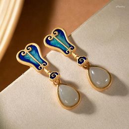 Dangle Earrings Natural Hetian Jade Water Drop Shaped Musa Fan Chinese Style Retro Unique Ancient Gold Craft Charm Female Brand Jewelry