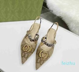 New women metal chain pointed mid heel fine heel Sandals Slippers back spring summer sheet double metal luxury leather