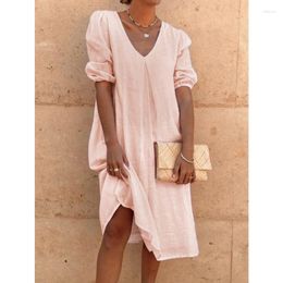 Casual Dresses Cotton Linen Solid Colour Fashion Mid-length V Neck Sleeves Long Female Dress Women Clothes