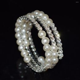 Bangle Fashion Multilayer Crystal Pearl Bracelet Ladies Rhinestone Bangles Gold Silver Plated Cuff Bracelets Wedding Jewellery Accessorie