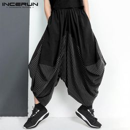 INCERUN Men Harem Pants Striped Patchwork Joggers Elastic Waist Baggy Fashion Wide Leg Trousers Men Punk Streetwear Dance Pants265j