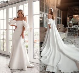 Modern White Sexy Off The Shoulder Mermaid Wedding Dresses With Long Wrap Cape Ruched Short Sleeves Elegant Satin Bridal Gowns Simple Reception Party Robes CL2738