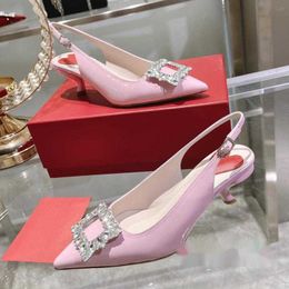 Sandals Shiny Pink Leather Crystal Buckle High-heel Rear Strap Kitten Heel Dress Shoes Formal Pointed Toe Women's