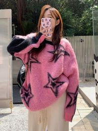 Womens Sweaters Deeptown Vintage Pink Sweater Women Harajuku Hip Hop Star Oversized Jumper Lazy Style Casual Allmatch Pullover Y2K Tops Korean 230822