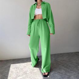 Women's Two Piece Pants Women Crop Tops Elastic Waist Set Casual Button Blouse & Palazzo Pant Elegant Soft Cosy Solid Colour Office Lady Suit