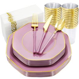 Other Event Party Supplies 50PCS Disposable Dinner Plate and Silverware Set Pink Purple Blue Wedding Birthday Tableware 230822