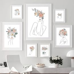 Abstract Flower Head Girl Posters And Prints Line Minimalist Canvas Painting Nordic Wall Art Pictures For Living Room Bedroom Decor Wo6