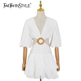 Basic Casual Dresses TWOTWINSTYLE White Sexy Dress For Women V Neck Lantern Half Sleeve Hollow Out High Waist Mini Female Summer Clothing 230822