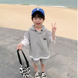 Clothing Sets 2pc Boys Clothes Set Summer Kids Short Sleeve Hooded Tops Fake Two Shorts Casual loose Outfits with Pants for Boy 230823