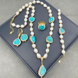 Necklace Earrings Set Baroque Freshwater Pearl & Turquoise Ore Exquisite Druzy Czech Diamond Four-piece For Beach Party