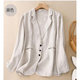Women's Suits Spring Autumn Retro Solid Colour Cotton Linen Suit Coat Large Size Simple Three Button Casual Long Sleeve Blazer Z2722