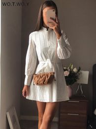 Basic Casual Dresses WOTWOY Elagant Lace Hollow Out White Dres Spring Summer Long Sleeve Cotton Mini Female Sashes Patry Vestidos 2023 230822