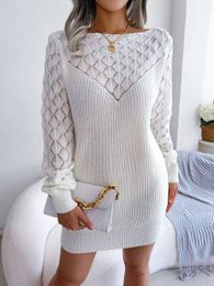 Women's New Long sleeved Hollow Knitted Sweater Dress Autumn and Winter Casual Belt less Clothing