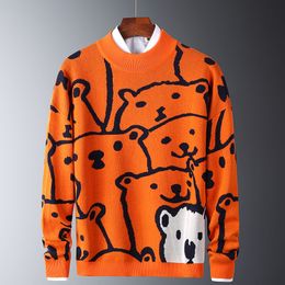 Men's Sweaters Mens Autumn Casual Polar Bear Pattern Trendy Slim Cotton Long Sleeve Round Collar Male Warm Pullovers Orange 230822