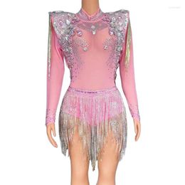 Stage Wear Womens Sexy Bodysuit Shiny Rhinestone Appliqued Pink Nightclub Dress Crystal Fringe Custom Performance Dance Evening