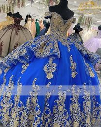 Abiti Quinceanera blu messicani reali Abito da ballo Applicazioni di perline dorate Abito dolce 16 Abito da principessa con lacci Vestido De 15 Anos