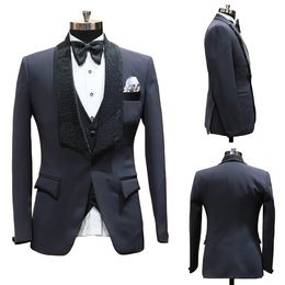 Modern 3 Pieces Wedding Tuxedos Net Shawl Lapel One Button Design Pockets Customise Coat Vest Black Pants Fashion Formal Prom Party Tailored Exquisite