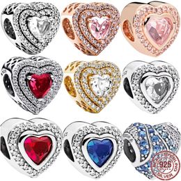 S925 Sterling Silver Heart Shaped Diamond Inlaid Fit Original Pandora Bracelet Jewellery Rose Gold Plated Charm Beads DIY Jewellery Free Shipping