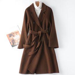 Womens Wool Blends Chocolate Double sided Cashmere Coat Mid length AutumnWinter Hepburn Style Woollen 230822