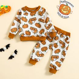 Autumn/Winter Baby Halloween Pumpkin Print Brown Long-sleeved Hoodie Set