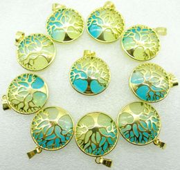 Pendant Necklaces 1pc Natural Stone Turquoise Quartz Crystal Tiger Eye Tree Of Life Round Shaped Charm For Diy Jewelry Making Necklace