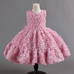 Luxurious Pink Tutu Flower Lace Tulle Lilttle Kids Weddding Gowns Princess Children Girl Pageant Wedding Birthday Party Dresses 403