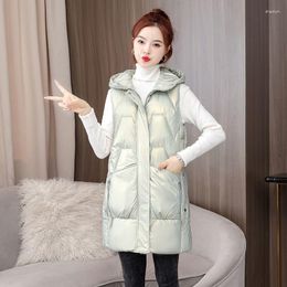 Women's Vests 2023 Autumn/Winter Shiny Vest Women Mid Length Sweetheart Shoulder Down Cotton Black Female Korean Loose Outerwear Coat