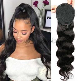Synthetic Wigs Body Wave Long Drawstring Ponytail Human Hair Peruvian Hair Clip In Remy Natural Black 2 Combs Heat Resistant Pony x0823