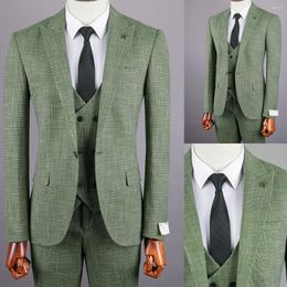Men's Suits Green Suit 3 Pieces Blazer Pants One Button Peaked Lapel Formal Work Wear Wedding Groom Tailored Costume Homme