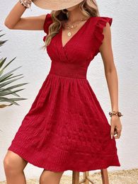 Casual Dresses Summer Elegant Short For Women Slim Red Sleeveless Holiday Beach Dress Fashion V Neck Solid A-line In