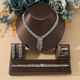 Necklace Earrings Set Trendy Fashion Tassel Waterdrop Cubic Zircon Jewellery Dubai Bridal Wedding 4pc Women Boutique Anniversary