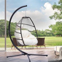 Camp Furniture Patio Wicker Folding Hanging Chair Rattan Swing Hammock Egg With C Type Bracket Cushion And Pillow For Indoor Outdoor