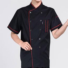 Men Short Sleeve Stand Collar Double-breasted Chef Waiter Uniform Loose 2020 New Fashion Cloth265g