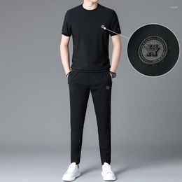 Men's Tracksuits Brand LOGO Printed Short Sleeve Round Neck T-shirt 2PK 2023 Summer Fashion Casual Breathable Luxury Ice Silk Set