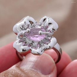 Wedding Rings Sell Trendy Flower Shiny Pink Crystal Platinum Plated Female Party Ring Wholesale Jewelry For Women Never Fade Gifts