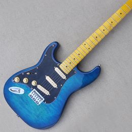 6 Strings Blue Left Hand Electric Guitar with Quilted Maple Veneer SSS Pickups Black Pickguard Customizable