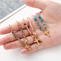 Chains Cross Natural Stone Necklace For Women Girls Bohemia Rice Beads Stainless Steel Clavicle Chain Fashion Jewellery Gifts