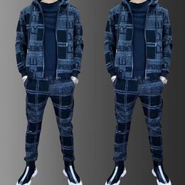 Men's Tracksuits Mens Zipper Hoodie Tracksuit Set Luxury Printed JacketSweatpants Male Lapel Jacket Suit 2Pcs Outdoor Athletic Sets 230822