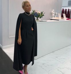 2023 Vintage Cocktail Dresses Black Satin A Line High Neck Evening Gowns Zipper Back With Cape Tea Length