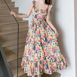 Casual Dresses Korean Style Chic Elegant Evening Party Women Summer O Neck Sleeveless Backless Long Dress Fashion Print Floral